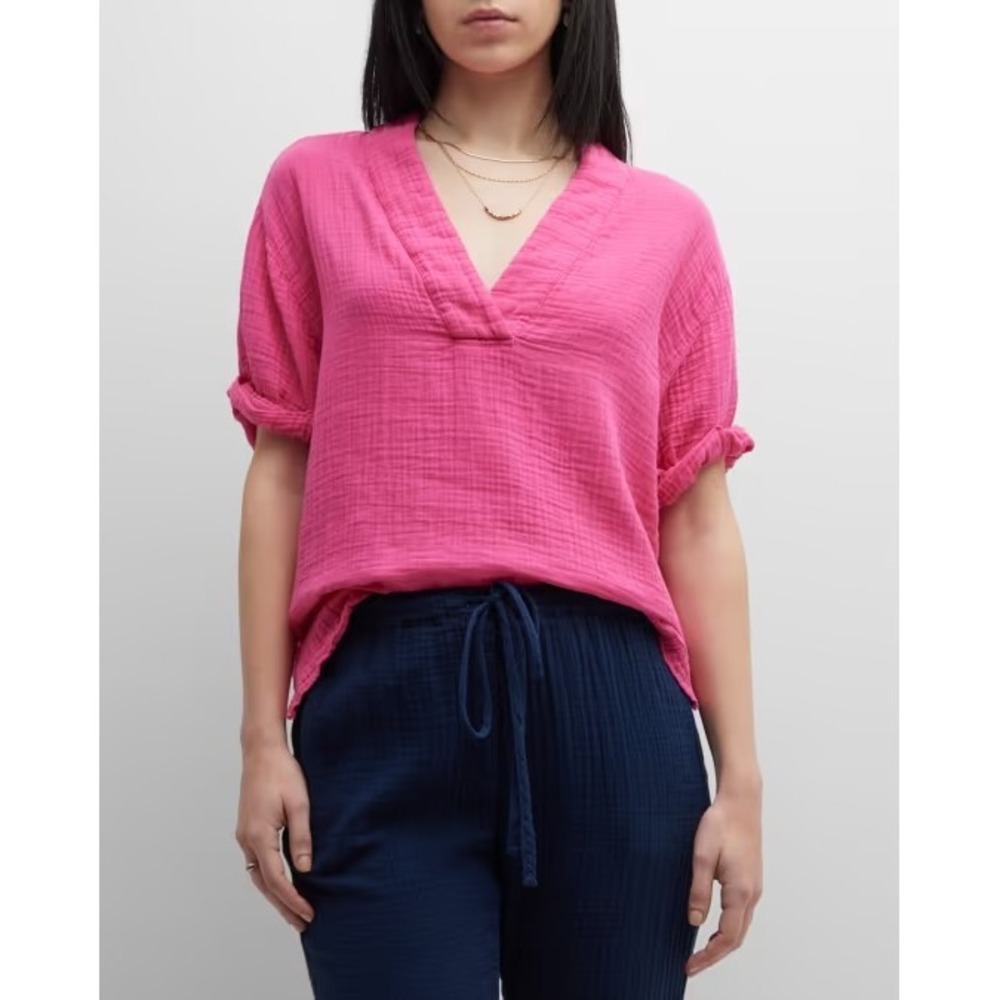 Xirena Avery VNeck Chelsea Gauze Cotton Top Fuchsia Pink Short Sleeve breathable